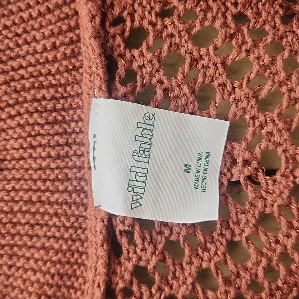 Open Knit Crocheted Fisherman Coastal Airy Grandpa Sweater Medium Earthy Shimmer - Picture 4 of 4